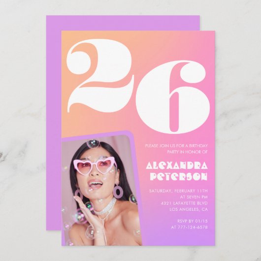 Pink Gradient 26e anniversaire invitation Retro Ph (Devant / Derrière)