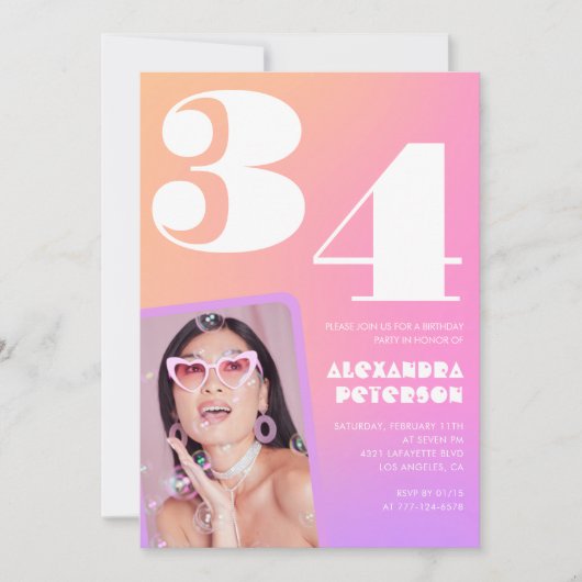 Pink Gradient 34e anniversaire invitation Retro Ph (Devant)