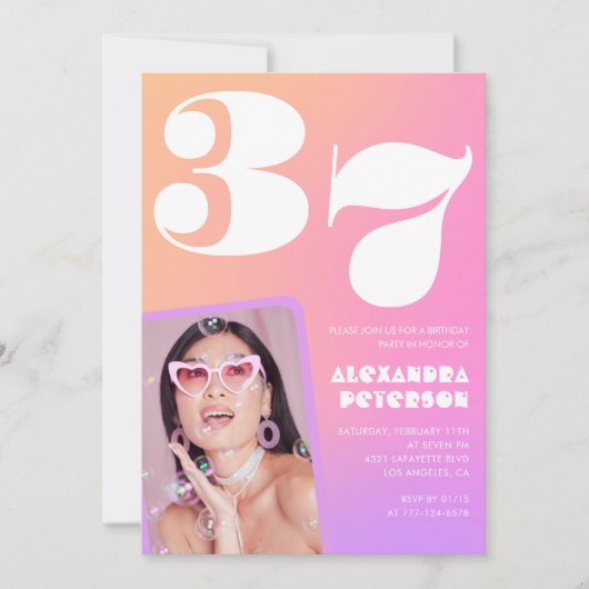 Pink Gradient 37e anniversaire invitation Retro Ph (Devant)