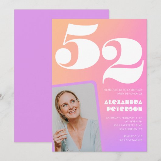 Pink Gradient 52e anniversaire invitation Retro Ph (Devant / Derrière)