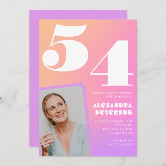Pink Gradient 54e anniversaire invitation Retro Ph (Devant / Derrière)