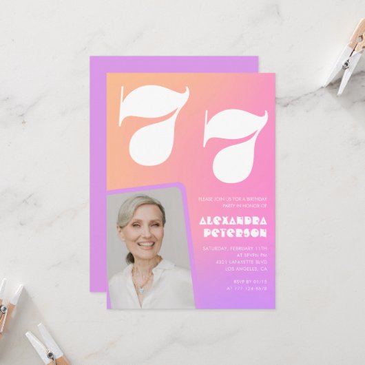 Pink Gradient 77e anniversaire invitation Retro Ph (Devant/Arrière en situation)