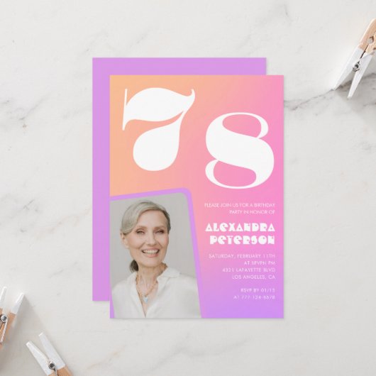 Pink Gradient 78e anniversaire invitation Retro Ph (Devant/Arrière en situation)