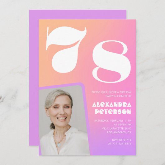 Pink Gradient 78e anniversaire invitation Retro Ph (Devant / Derrière)