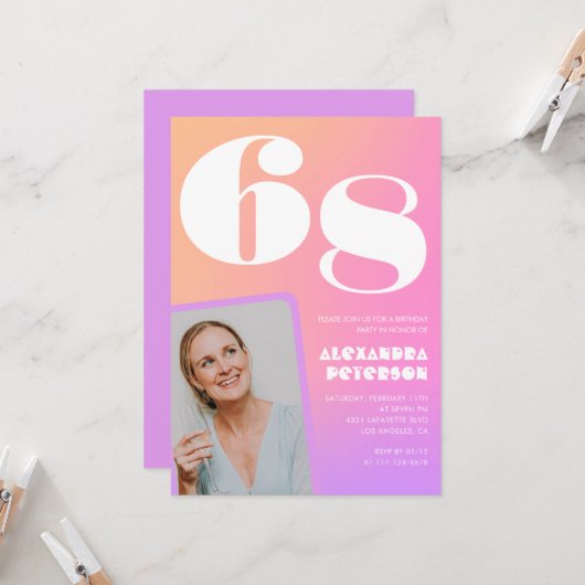 Pink Gradient invitation 68e anniversaire Retro Ph (Devant/Arrière en situation)