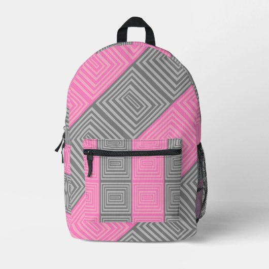 Pink & Gray Backpack With Abstract Squares Stripes Bedrukte Rugzak (Voorkant)