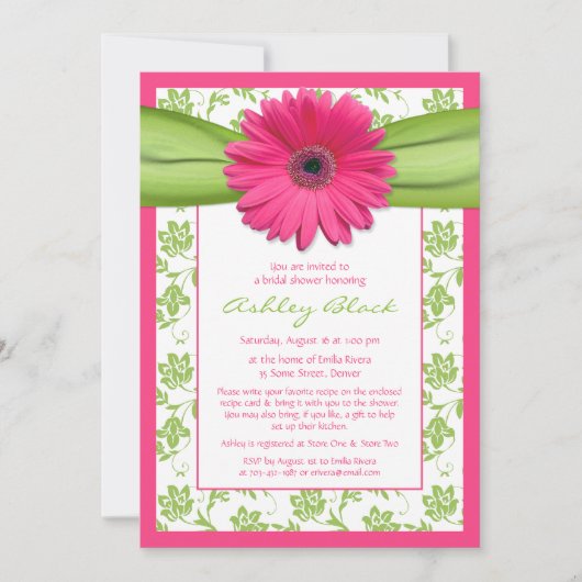 Pink Green Daisy Damask Bridal Shower Invitation (Devant)