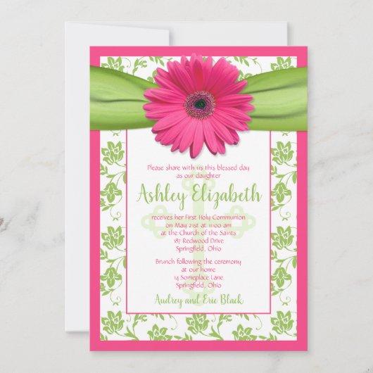 Pink Green Daisy Damask First Communion Invitation (Devant)