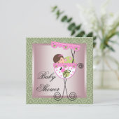 Pink Green Damask Baby Girl Douche Invitations (Debout devant)