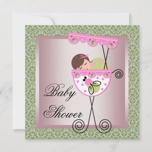 Pink Green Damask Baby Girl Douche Invitations (Devant)