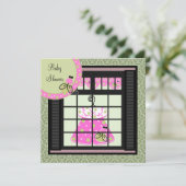 Pink Green Damask Baby Girl Douche Invitations (Debout devant)