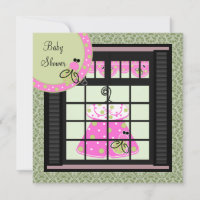 Pink Green Damask Baby Girl Douche Invitations