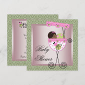 Pink Green Damask Baby Girl Douche Invitations (Devant / Derrière)
