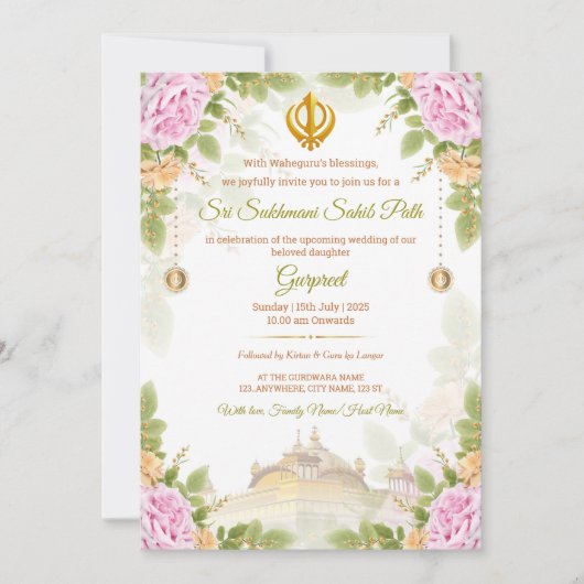 Pink & Green Floral Sukhmani Path Invitation Card (Devant)
