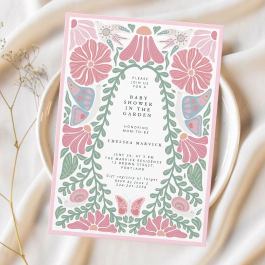 Pink green Garden Baby Shower Invitation 