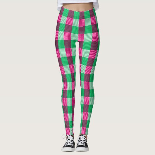 Pink Green Gingham Check Design Leggings (Voorkant)