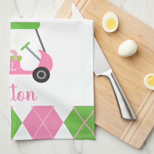Pink & Green Golf Monogram Serviette de cuisine (Quart Plié)