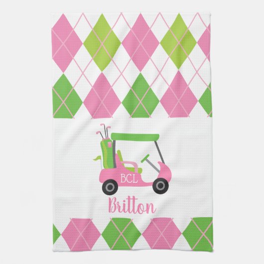 Pink & Green Golf Monogram Serviette de cuisine (Vertical)