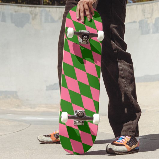 Pink Green Harlequin Checkered Design  Skateboard