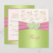 Pink Green Ivory Floral joint Coeurs carte RSVP (Devant / Derrière)