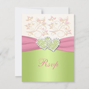 Pink Green Ivory Floral joint Coeurs carte RSVP