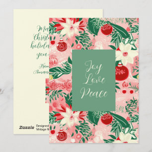 Pink Green Joy Love Peace Floral Christmas Kaart