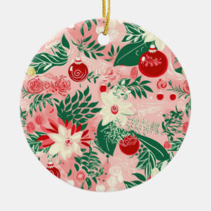 Pink Green Joy Love Peace Floral Christmas Keramisch Ornament
