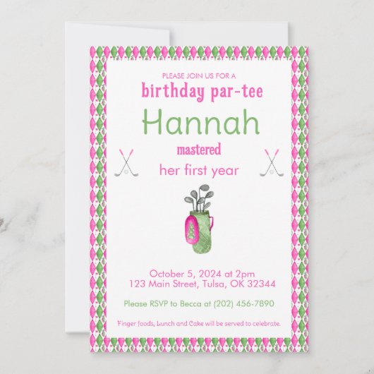 Pink Green Masters Golf Invitations de fête d'anni (Devant)