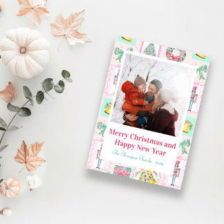 Pink & Green Nutcracker Custom Christmas Photo  Feestdagenkaart