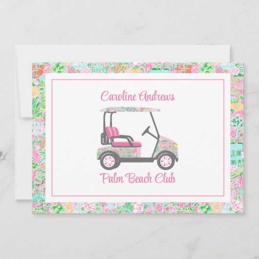 Pink & Green Palm Beach Golf Cart Personalized Bedankkaart (Voorkant)