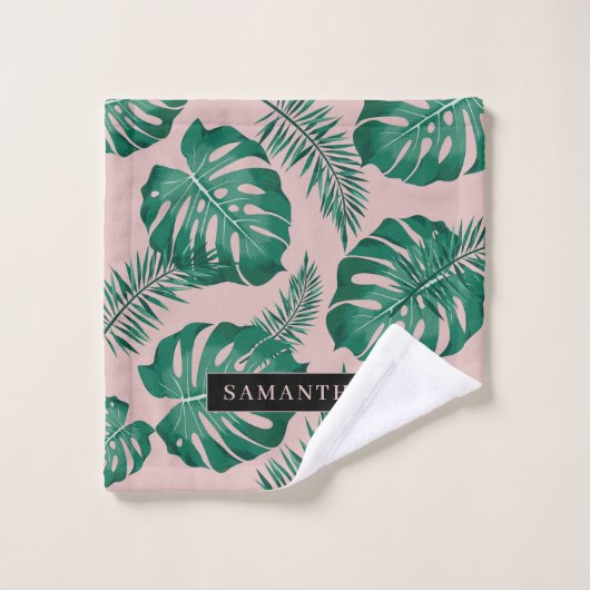 Pink & Green Palm Feuille Motif & nom (Gant de toilette)