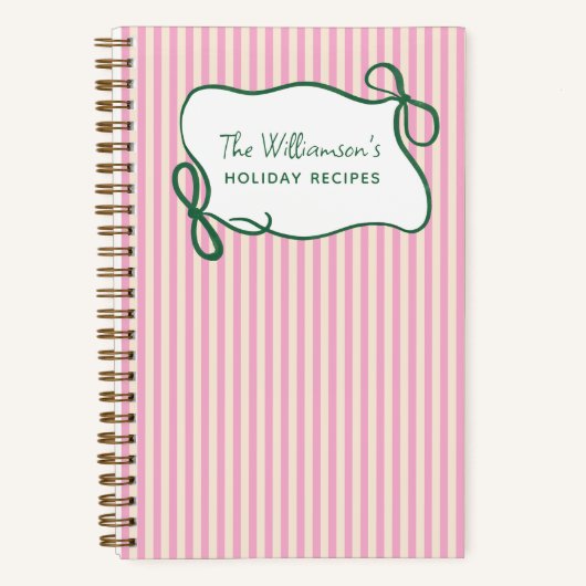 Pink Green Striped Bow Custom Christmas Recipe Notitieboek (Voorkant)