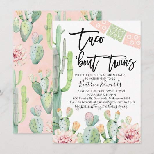 Pink Green Taco Bout Twins Baby shower Invitation (Devant / Derrière)