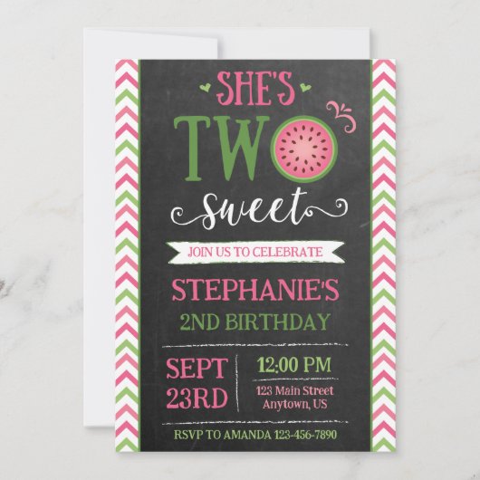 Pink Green Two Sweet Melon 2nd Birthday Invitation (Devant)