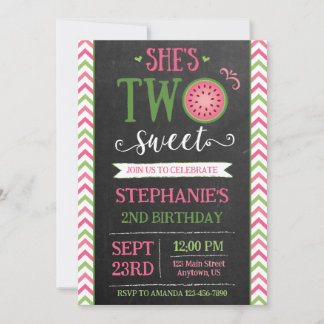 Pink Green Two Sweet Melon 2nd Birthday Invitation Kaart