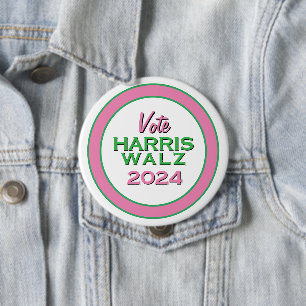 Pink Green Vote HARRIS WALZ 2024 Grote campagne Ronde Button 4,0 Cm