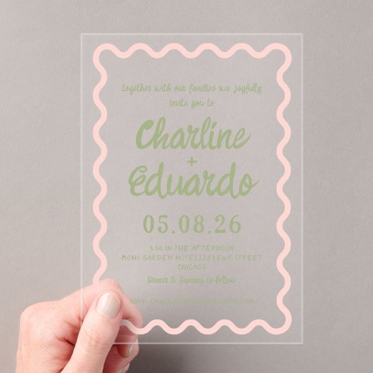 Pink green  Wavy Border Pastel Wedding Invitation