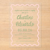 Pink green  Wavy Border Pastel Wedding Invitation (Recto)