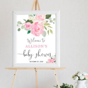 Pink greenery floral girl baby shower welcome sign poster