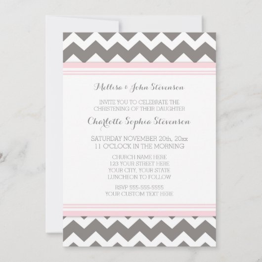 Pink Grey Chevron Christening Invitation (Dos)