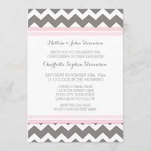 Pink Grey Chevron Christening Invitation