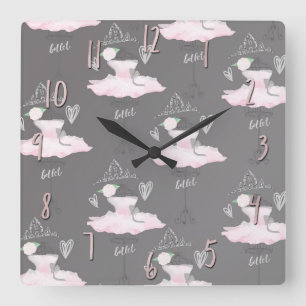 Pink & Grey Couture Ballerina Girls Bedroom Vierkante Klok