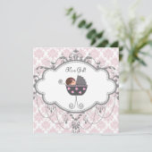 Pink Grey Damask Baby Girl Douche Invitations (Debout devant)