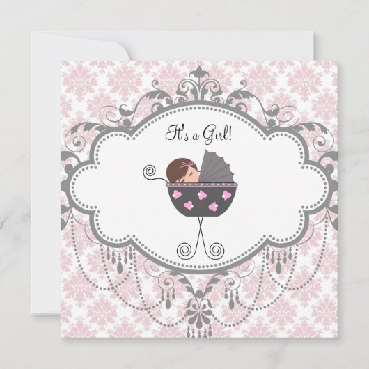 Pink Grey Damask Baby Girl Douche Invitations (Devant)