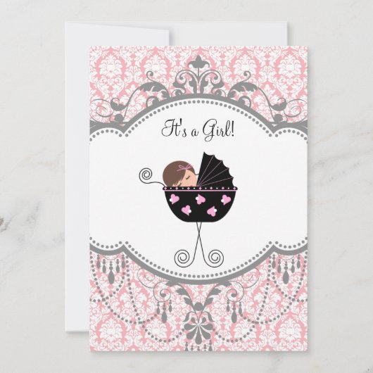 Pink Grey Damask Baby Girl Douche Invitations (Devant)