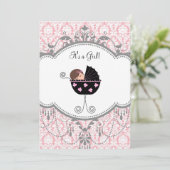 Pink Grey Damask Baby Girl Douche Invitations (Debout devant)