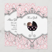 Pink Grey Damask Baby Girl Douche Invitations (Devant / Derrière)