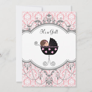 Pink Grey Damask Baby Girl Douche Invitations