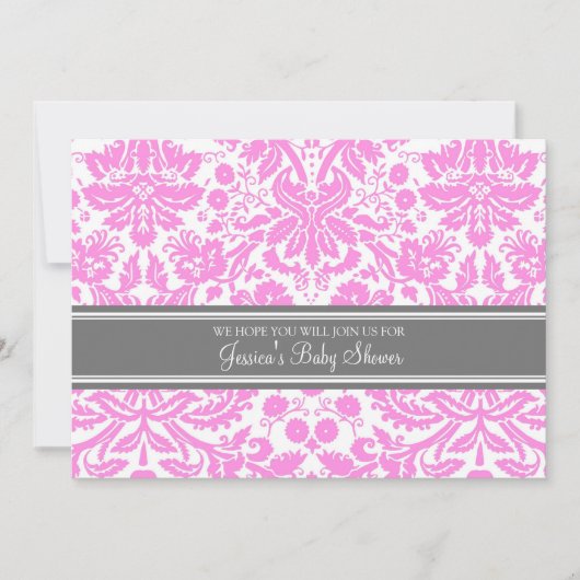 Pink Grey Damask Custom Baby Shower Invitations (Devant)