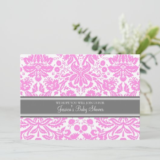 Pink Grey Damask Custom Baby Shower Invitations (Debout devant)